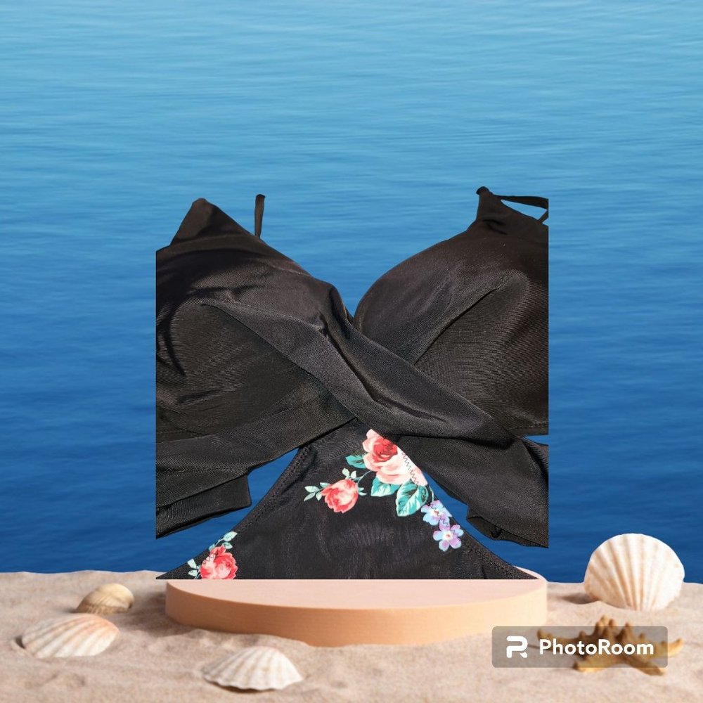 NWT Women's Cupshe Swimwear Size XL 2Piece Connected At Bra Black Floral - Picture 3 of 7